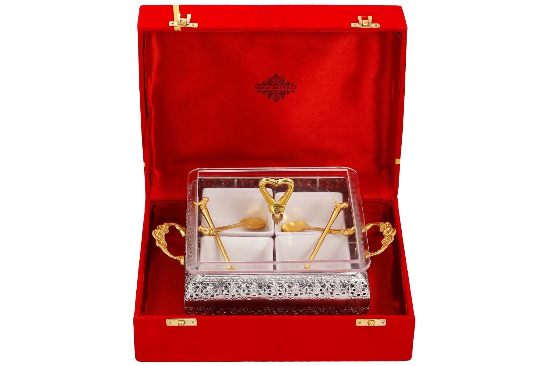 Silver Plated Brass Designer Storage Box Dry Fruit Container 4 Compartments, Gift Item, Home Decore, 19.56 cm, Gold