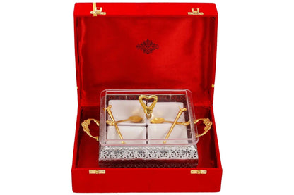 Silver Plated Brass Designer Storage Box Dry Fruit Container 4 Compartments, Gift Item, Home Decore, 19.56 cm, Gold