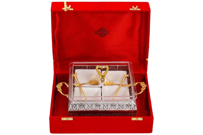 Silver Plated Brass Designer Storage Box Dry Fruit Container 4 Compartments, Gift Item, Home Decore, 19.56 cm, Gold