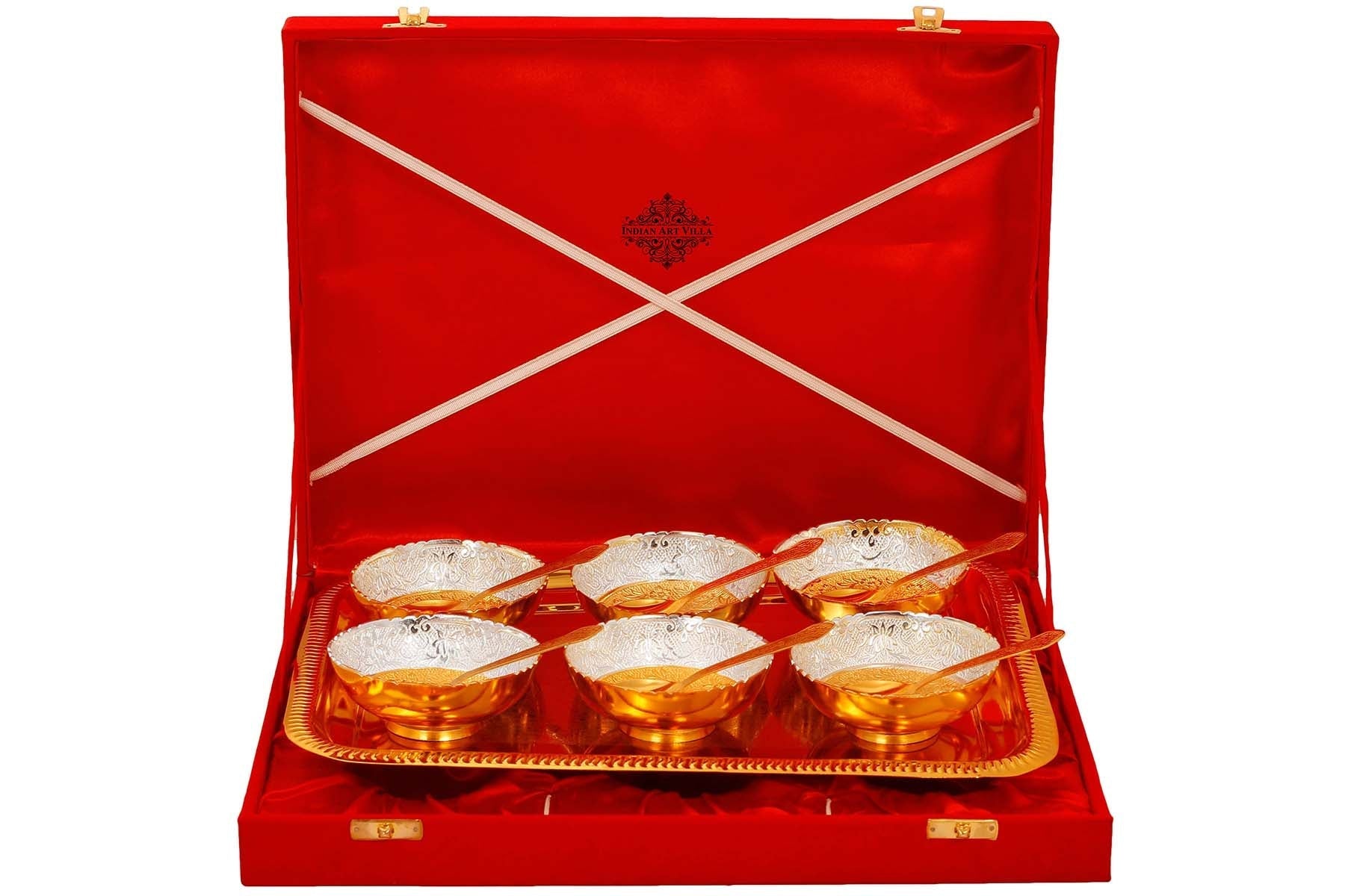 Silver Plated Gold Polished Lotus Design 6 Bowl with 6 Spoon & 1 Tray