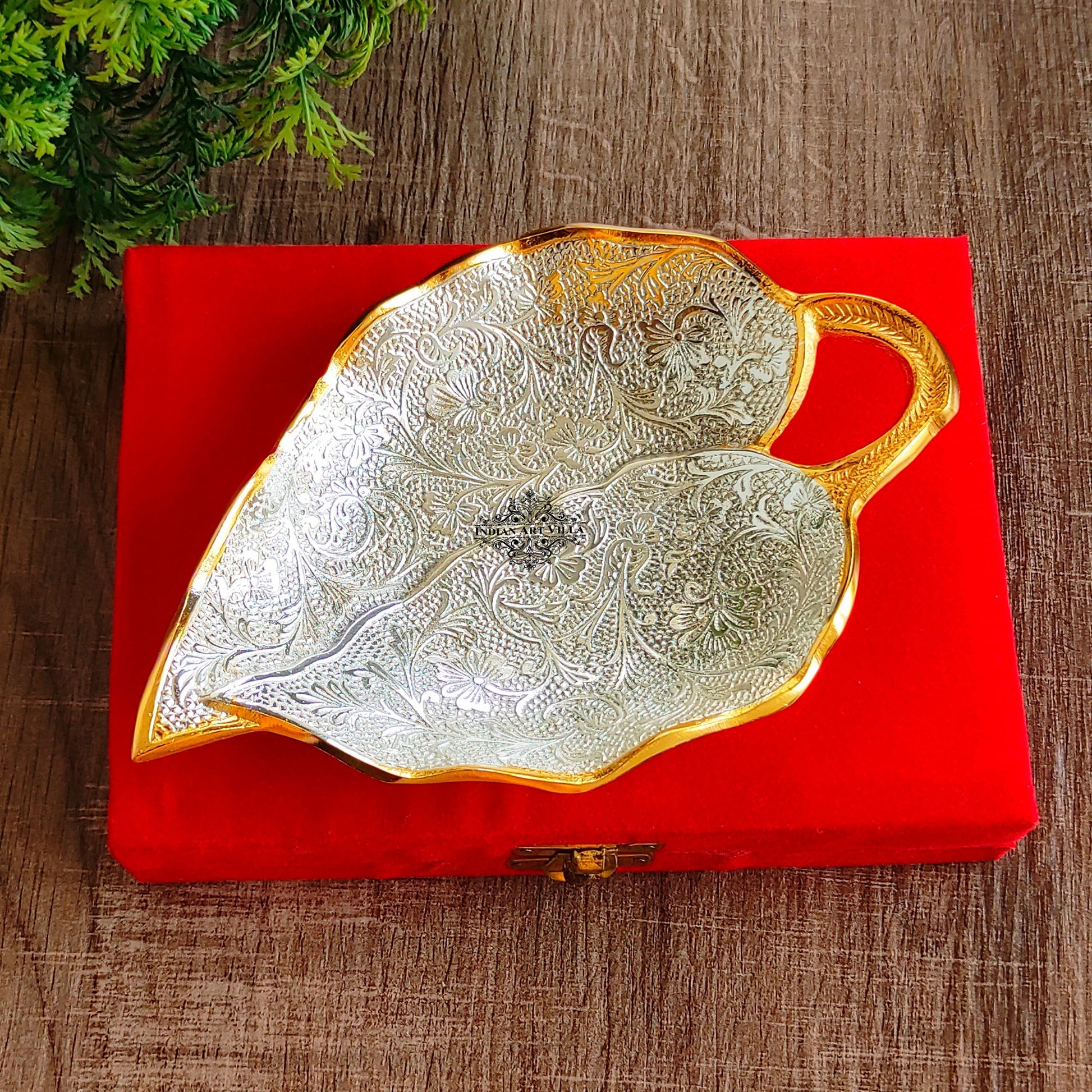 Silver Plated Gold Polished Aluminum Paan Leaf Designer Platter
