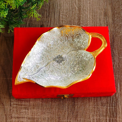 Silver Plated Gold Polished Aluminum Paan Leaf Designer Platter