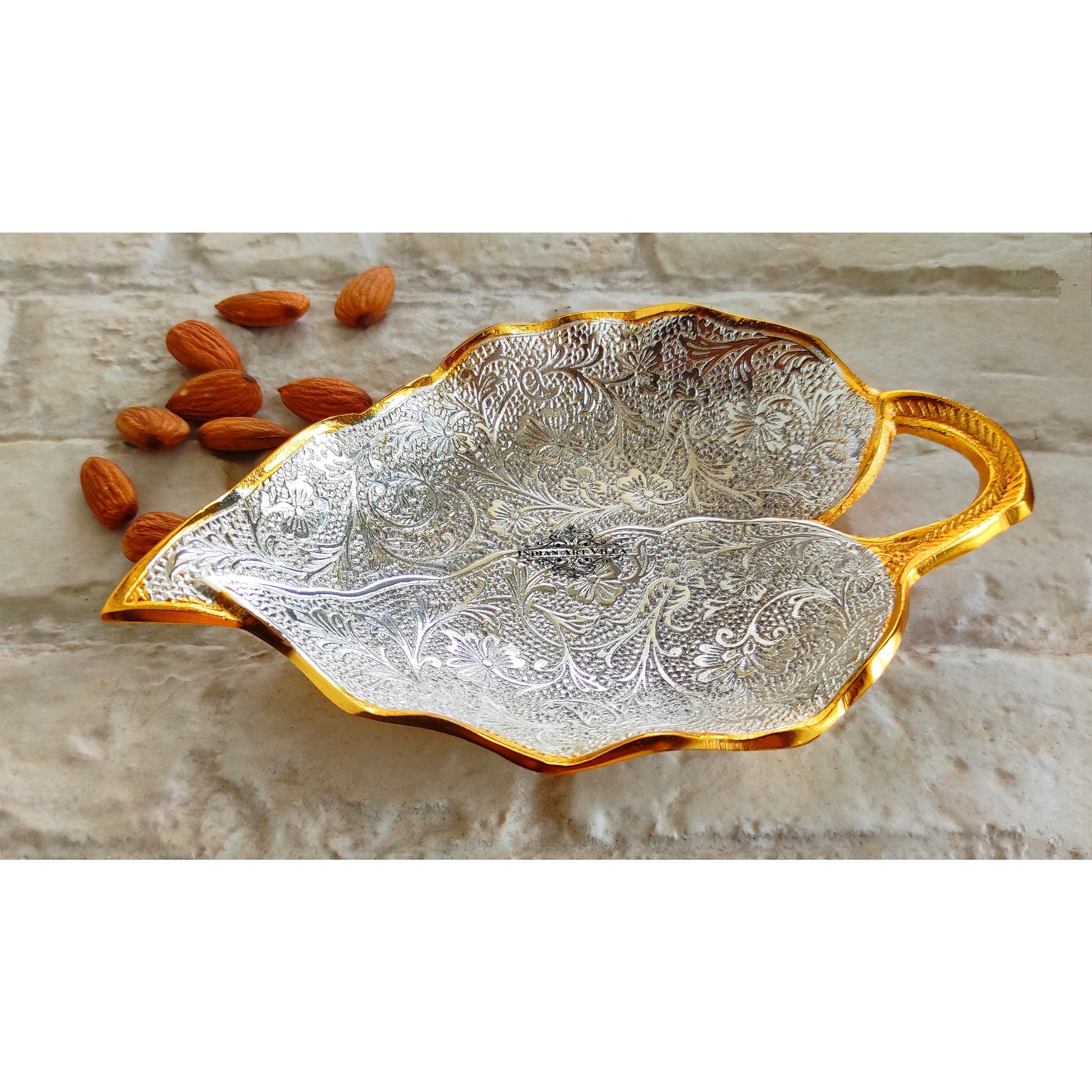 Silver Plated Gold Polished Aluminum Paan Leaf Designer Platter