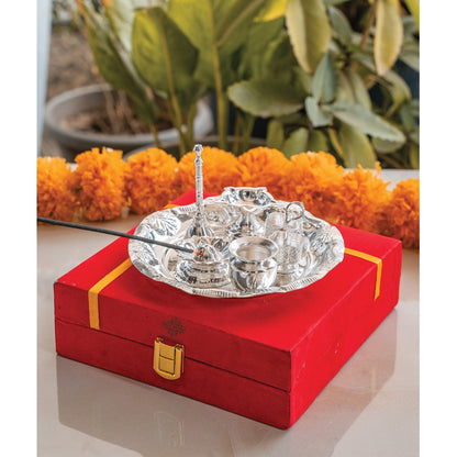 Silver-Plated Pooja Thali Set – Elegant Floral Design with 6 Traditional Components
