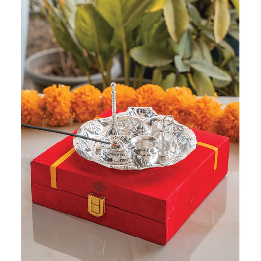 Silver-Plated Pooja Thali Set – Elegant Floral Design with 6 Traditional Components