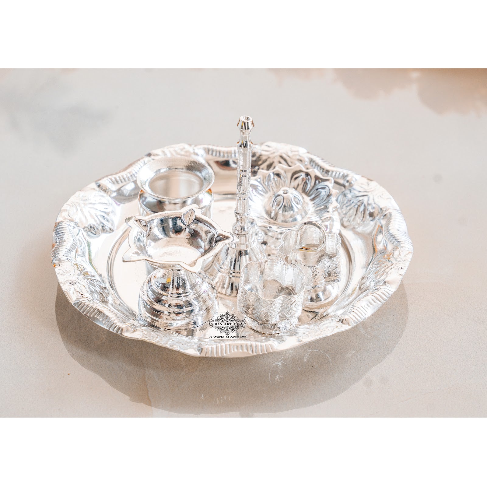 Silver-Plated Pooja Thali Set – Elegant Floral Design with 6 Traditional Components