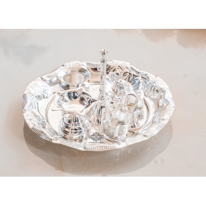 Silver-Plated Pooja Thali Set – Elegant Floral Design with 6 Traditional Components