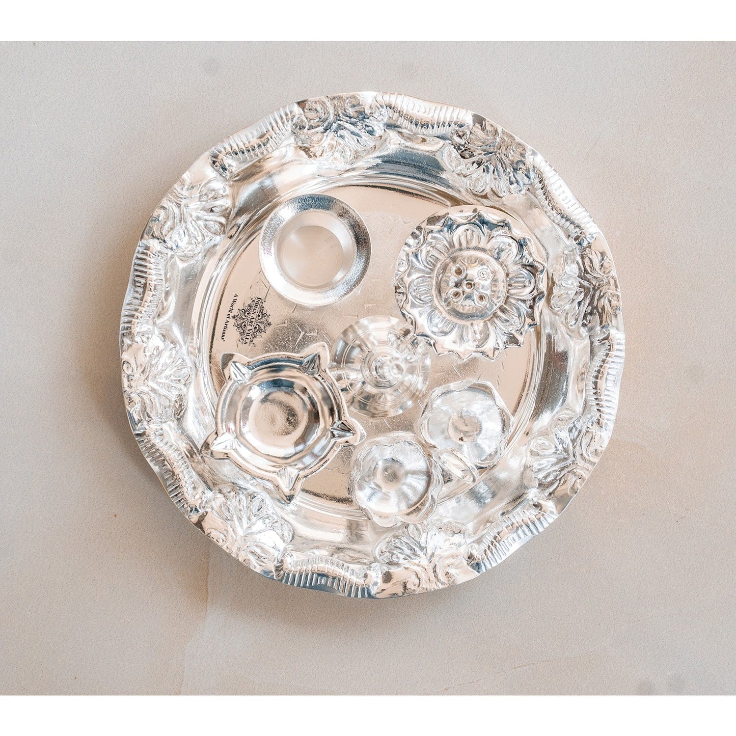 Silver-Plated Pooja Thali Set – Elegant Floral Design with 6 Traditional Components