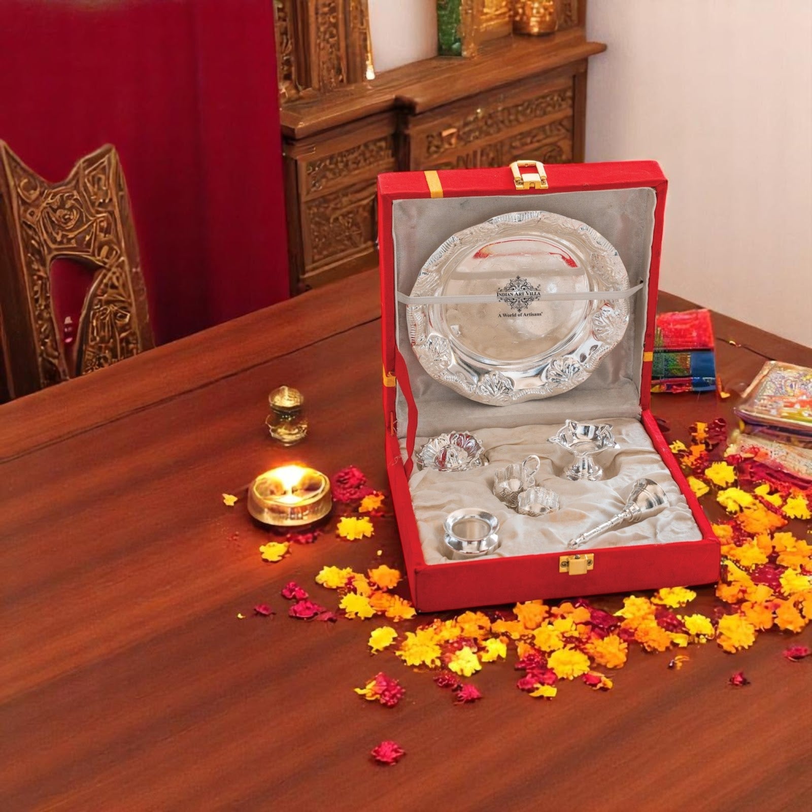 Silver-Plated Pooja Thali Set – Elegant Floral Design with 6 Traditional Components