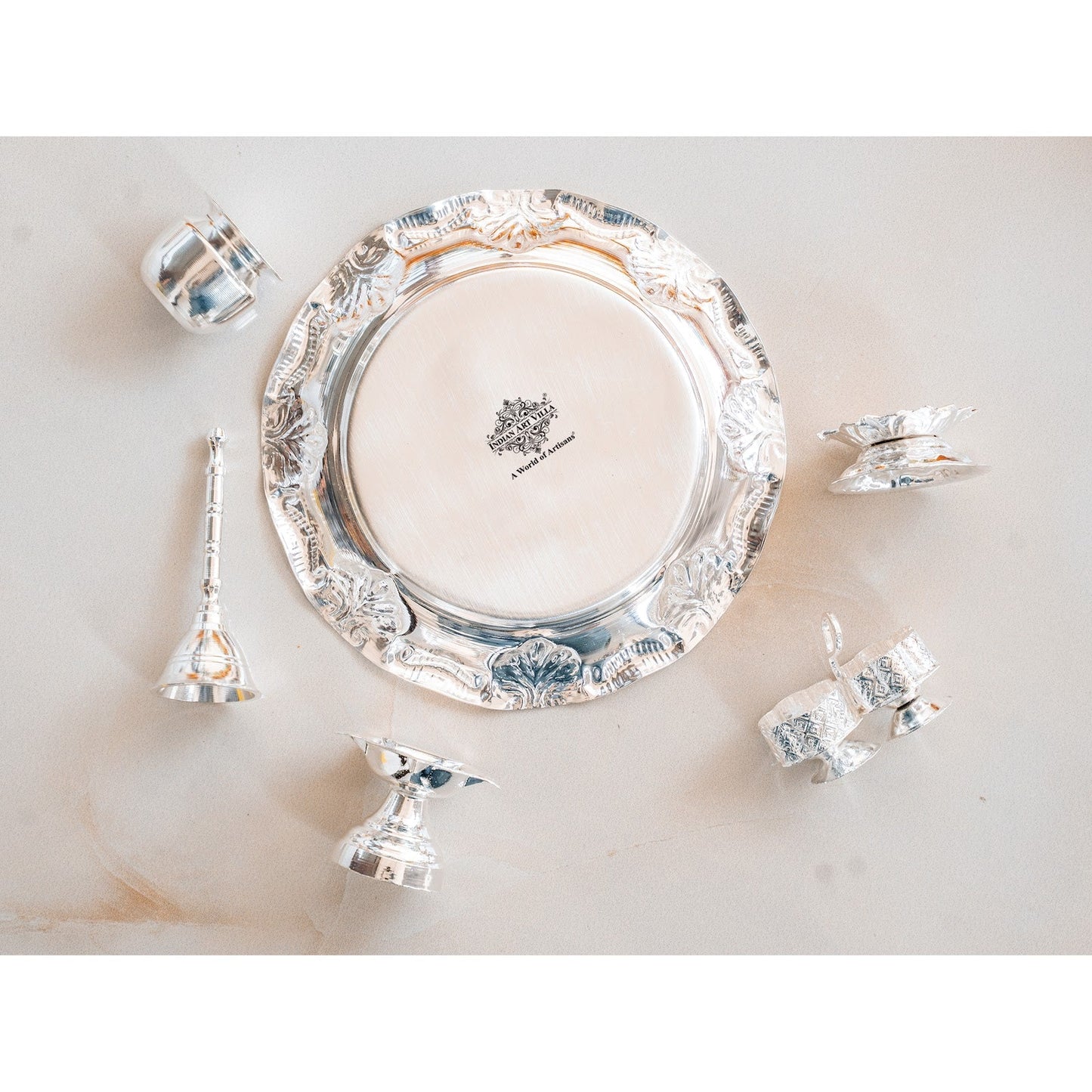 Silver-Plated Pooja Thali Set – Elegant Floral Design with 6 Traditional Components