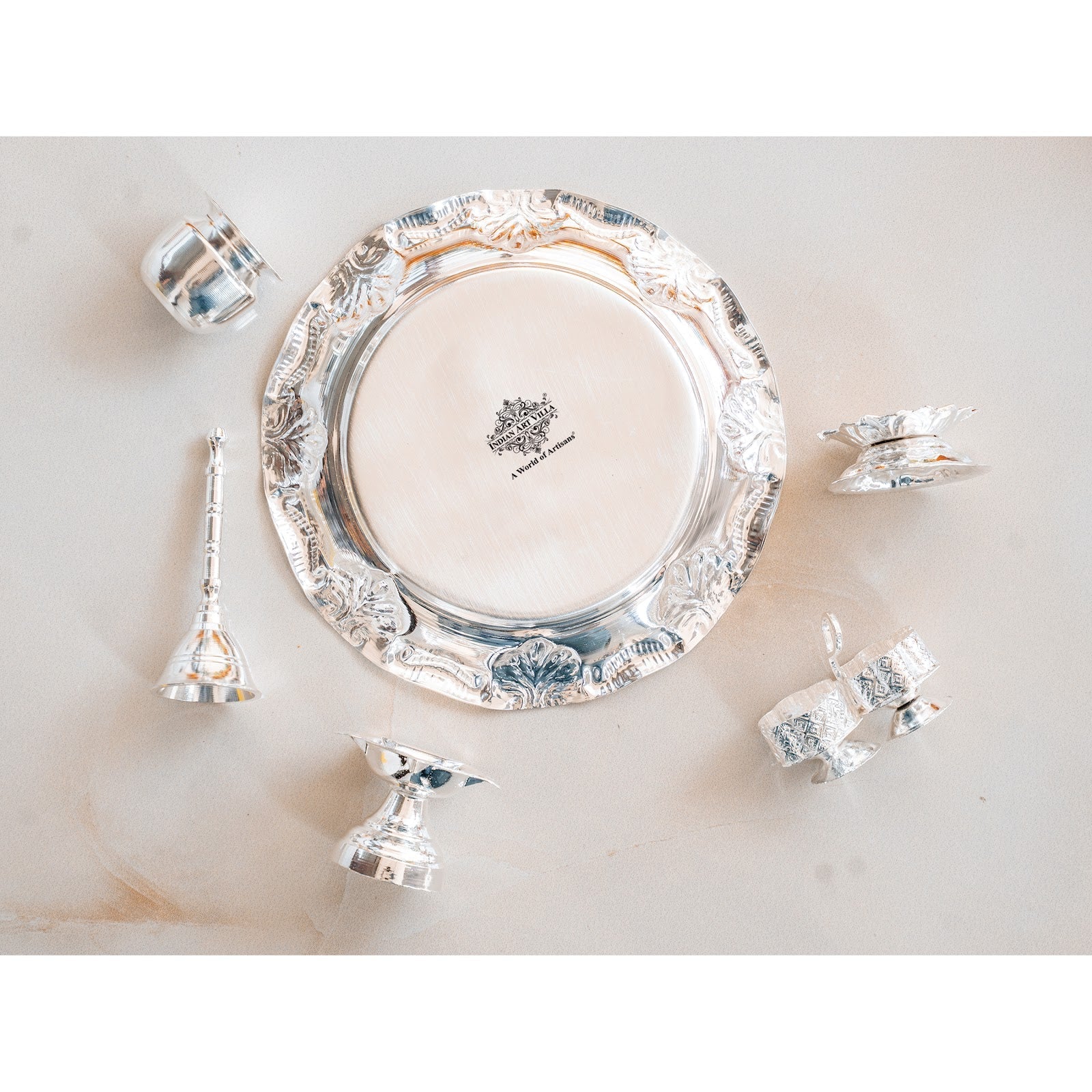 Silver-Plated Pooja Thali Set – Elegant Floral Design with 6 Traditional Components