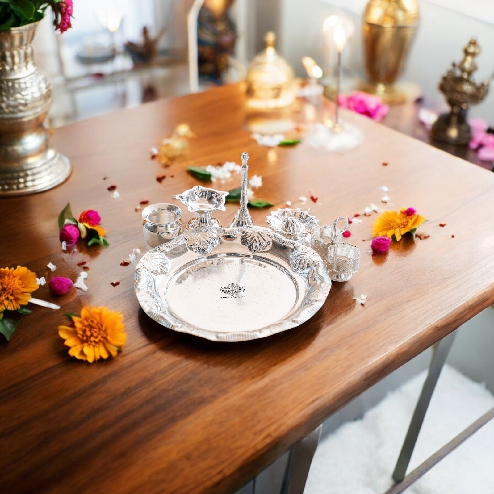 Silver-Plated Pooja Thali Set – Elegant Floral Design with 6 Traditional Components