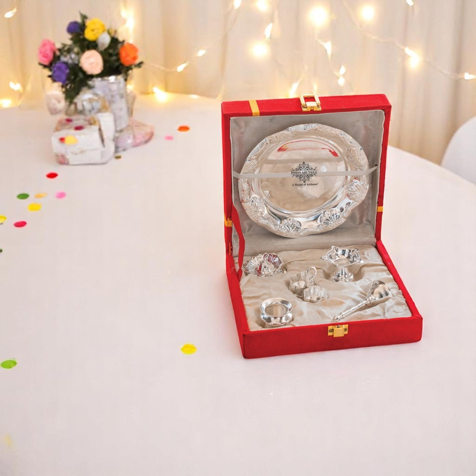 Silver-Plated Pooja Thali Set – Elegant Floral Design with 6 Traditional Components
