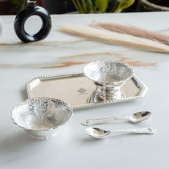 Silver Plated Set of 2 Curved Bowl with 2 Spoon & 1 Tray