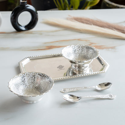 Silver Plated Set of 2 Curved Bowl with 2 Spoon & 1 Tray