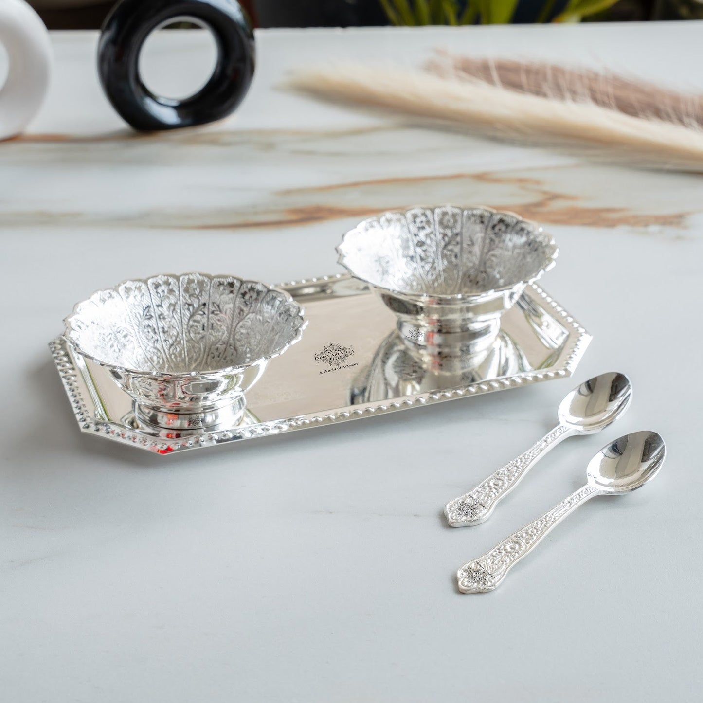 Silver Plated Set of 2 Curved Bowl with 2 Spoon & 1 Tray