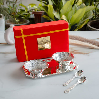 Silver Plated Set of 2 Curved Bowl with 2 Spoon & 1 Tray
