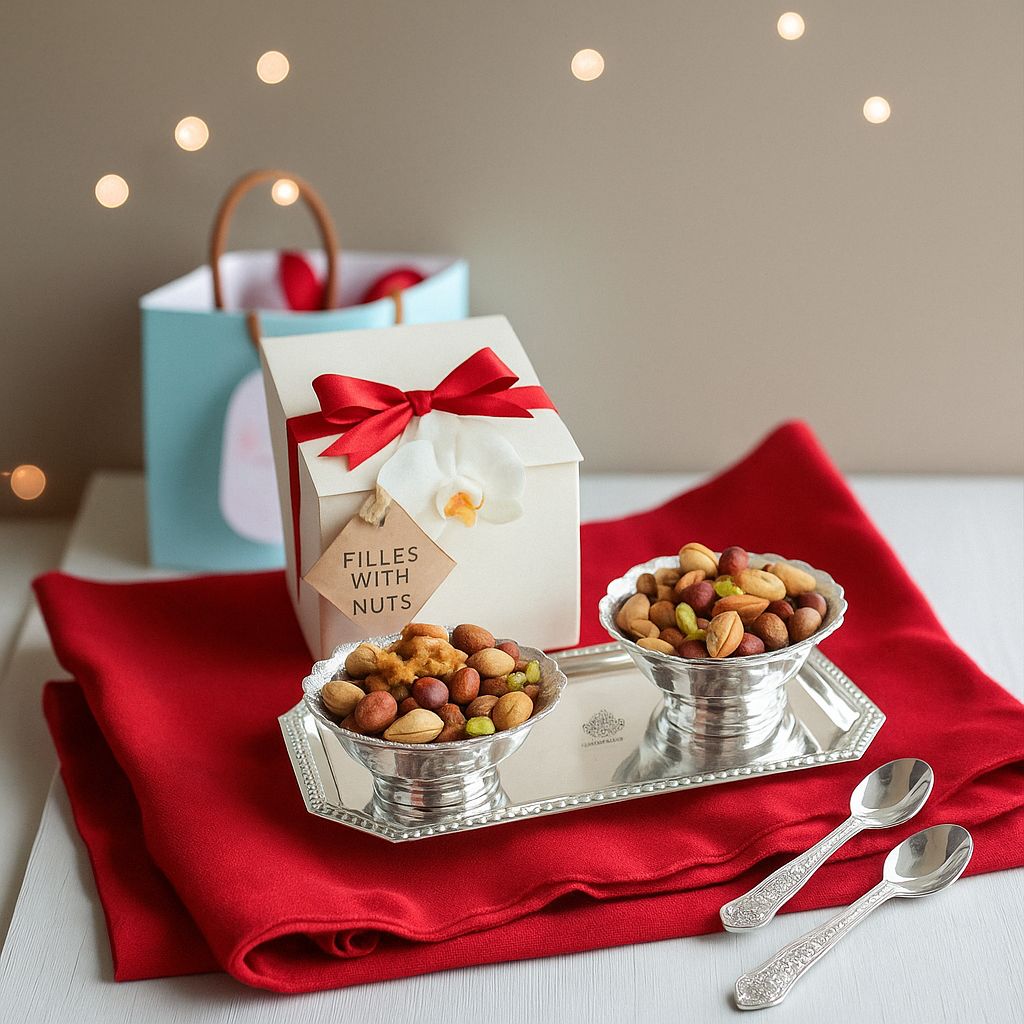 Silver Plated Set of 2 Curved Bowl with 2 Spoon & 1 Tray