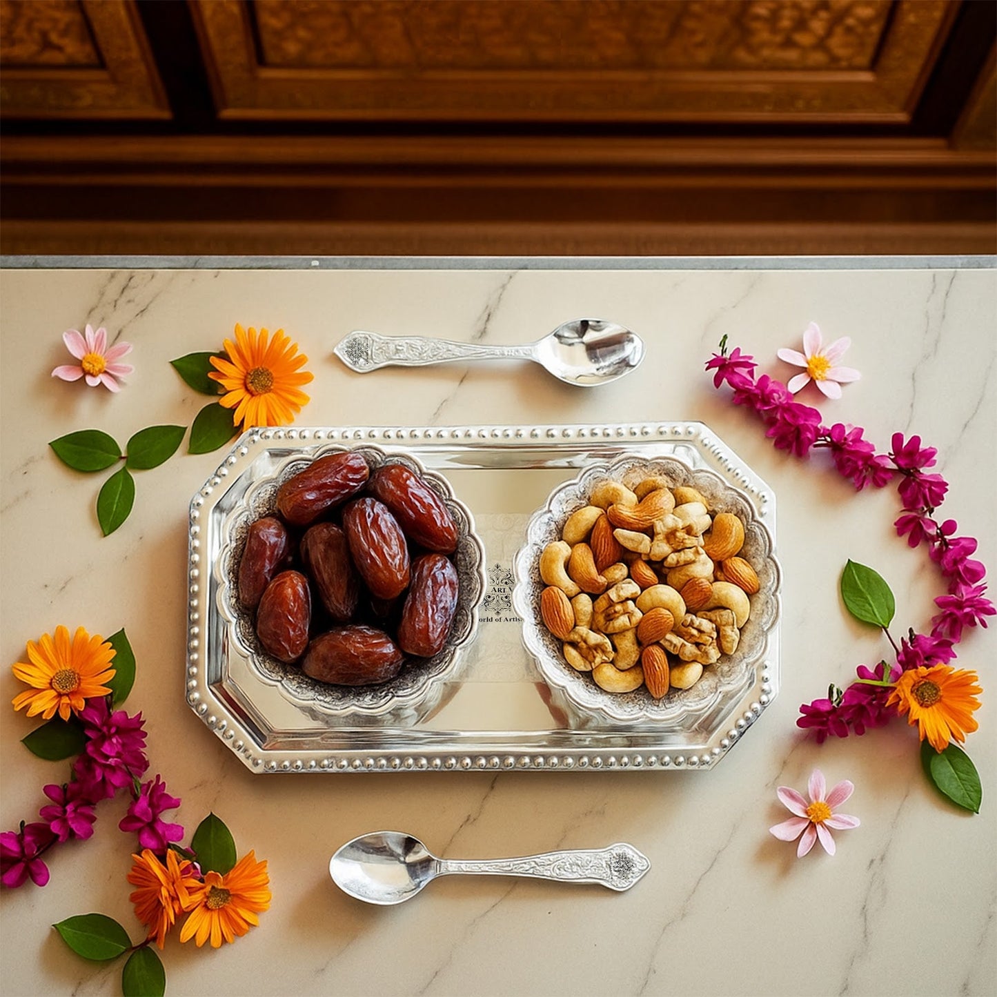 Silver Plated Set of 2 Curved Bowl with 2 Spoon & 1 Tray