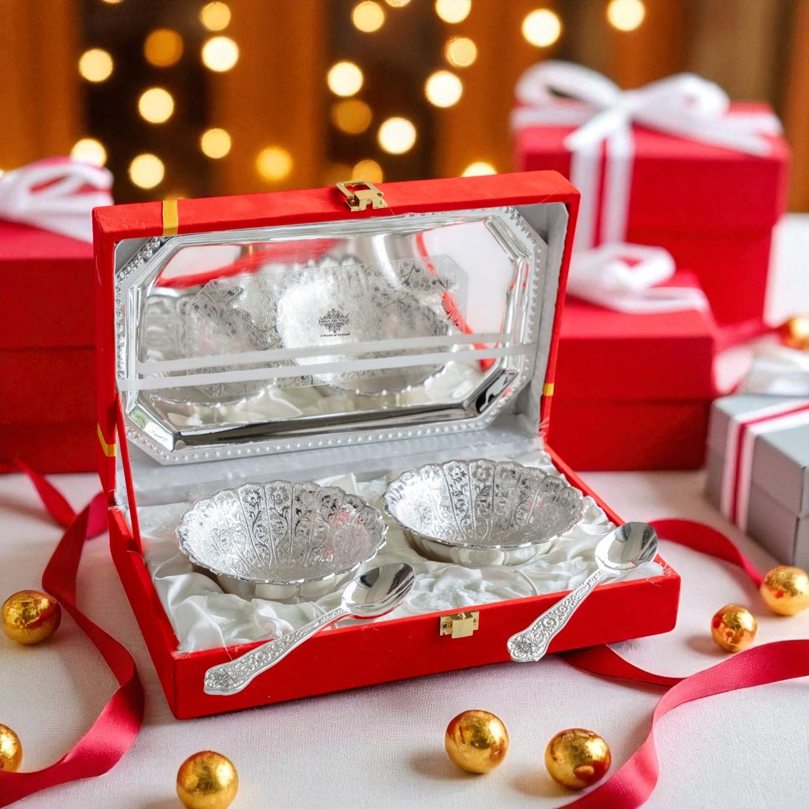 Silver Plated Set of 2 Curved Bowl with 2 Spoon & 1 Tray