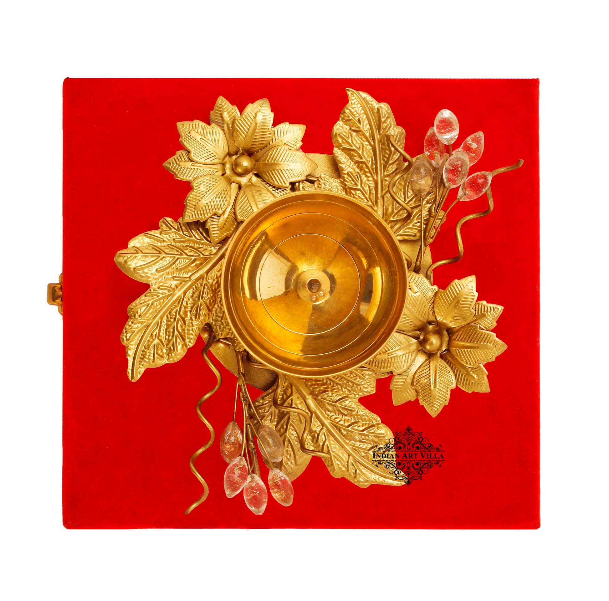 Silver Plated Gold Polish Flower And Leaf Design Diya, 15 cm