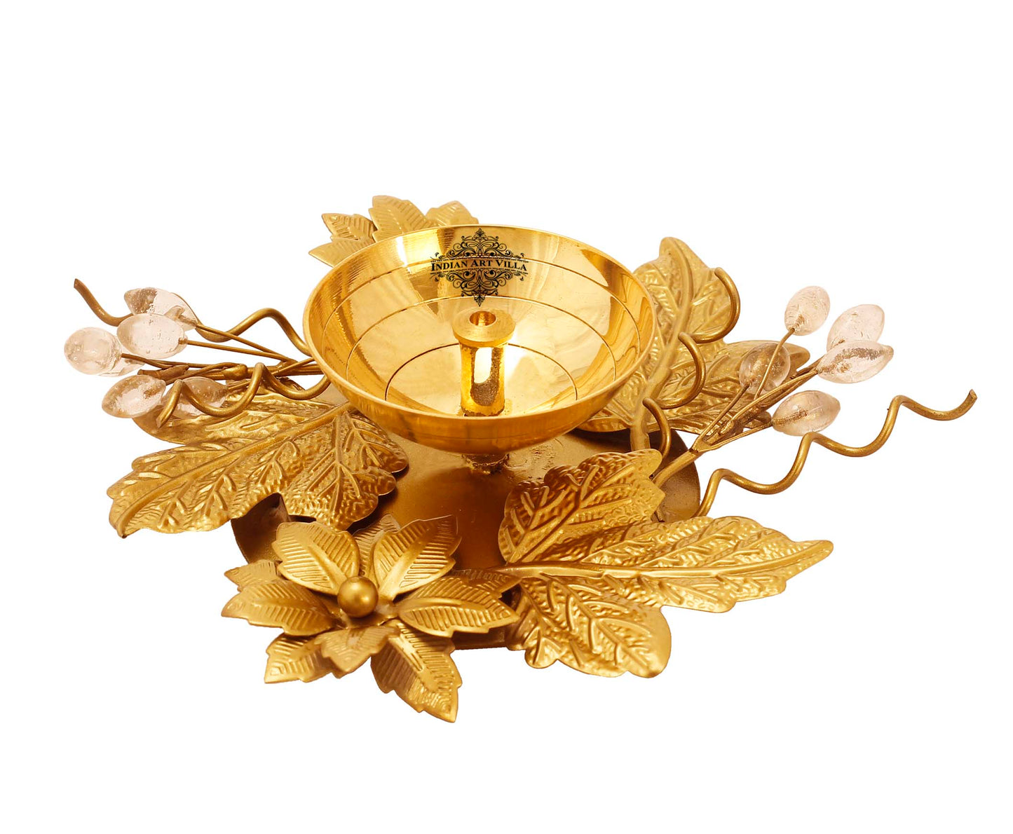 Silver Plated Gold Polish Flower And Leaf Design Diya, 15 cm