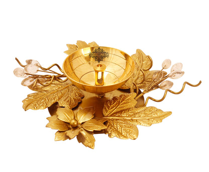 Silver Plated Gold Polish Flower And Leaf Design Diya, 15 cm