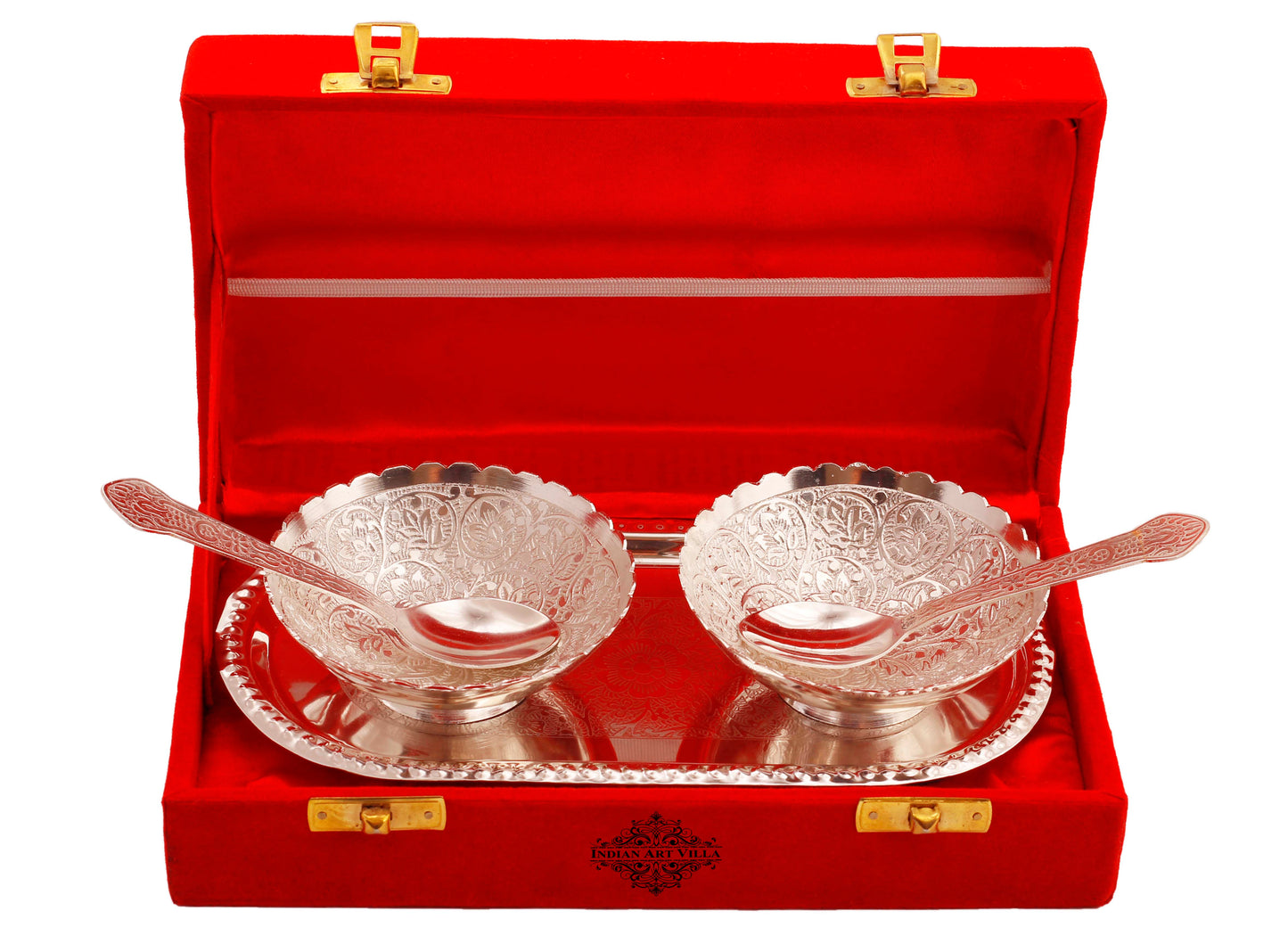 Pure Silver Plated Design Gift Set  2 Bowl with 2 Spoon & 1 Tray,