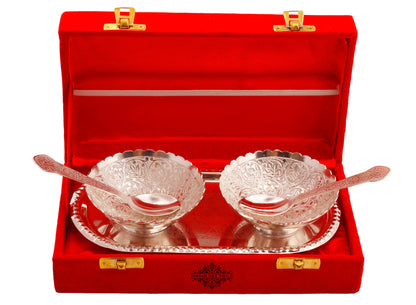 Pure Silver Plated Design Gift Set  2 Bowl with 2 Spoon & 1 Tray,