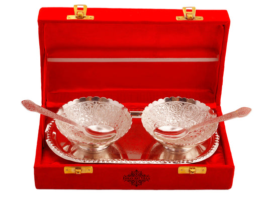 Pure Silver Plated Design Gift Set  2 Bowl with 2 Spoon & 1 Tray,