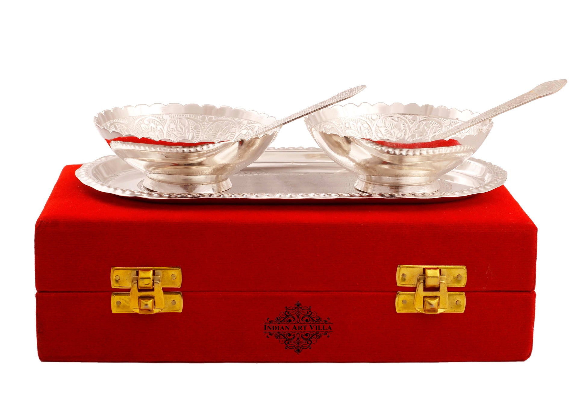 Pure Silver Plated Design Gift Set  2 Bowl with 2 Spoon & 1 Tray,