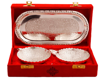 Pure Silver Plated Design Gift Set  2 Bowl with 2 Spoon & 1 Tray,