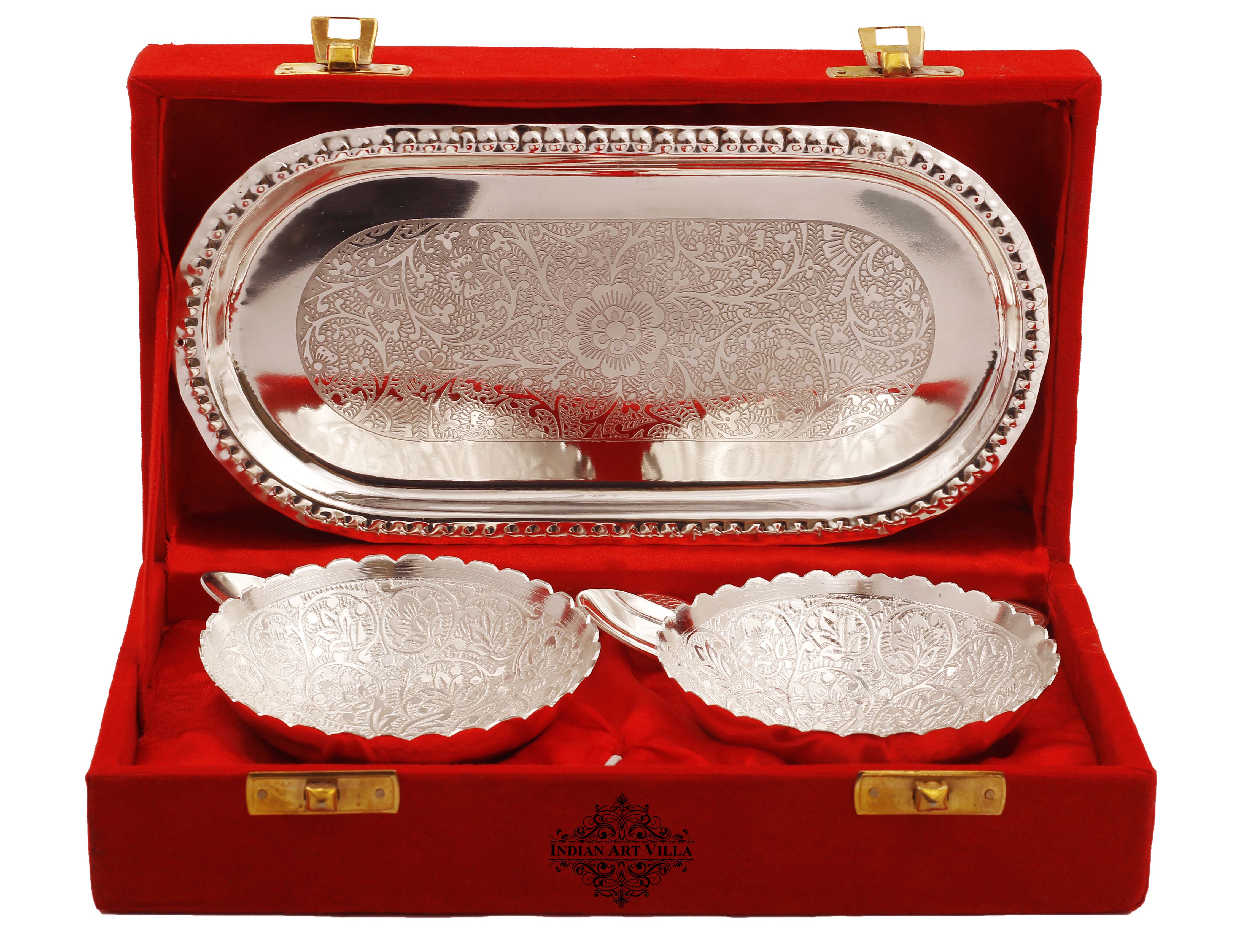 Pure Silver Plated Design Gift Set  2 Bowl with 2 Spoon & 1 Tray,
