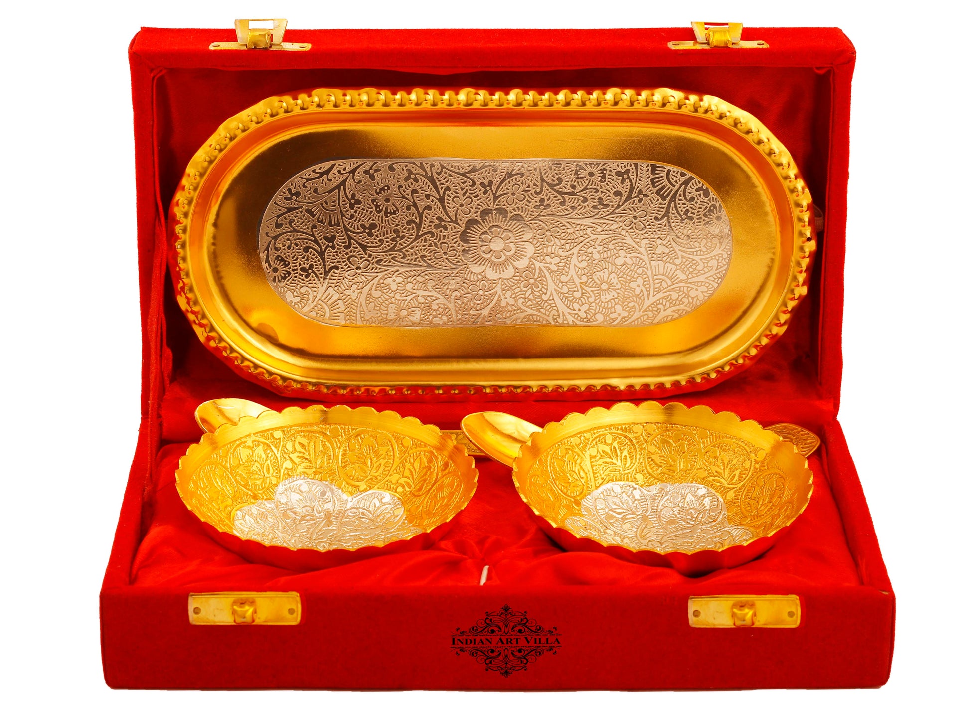 Pure Silver Plated Design Gift Set  2 Bowl with 2 Spoon & 1 Tray,