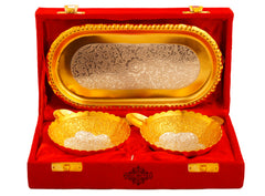 Pure Silver Plated Design Gift Set  2 Bowl with 2 Spoon & 1 Tray,