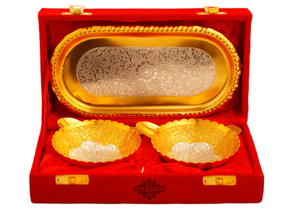 Pure Silver Plated Design Gift Set  2 Bowl with 2 Spoon & 1 Tray,