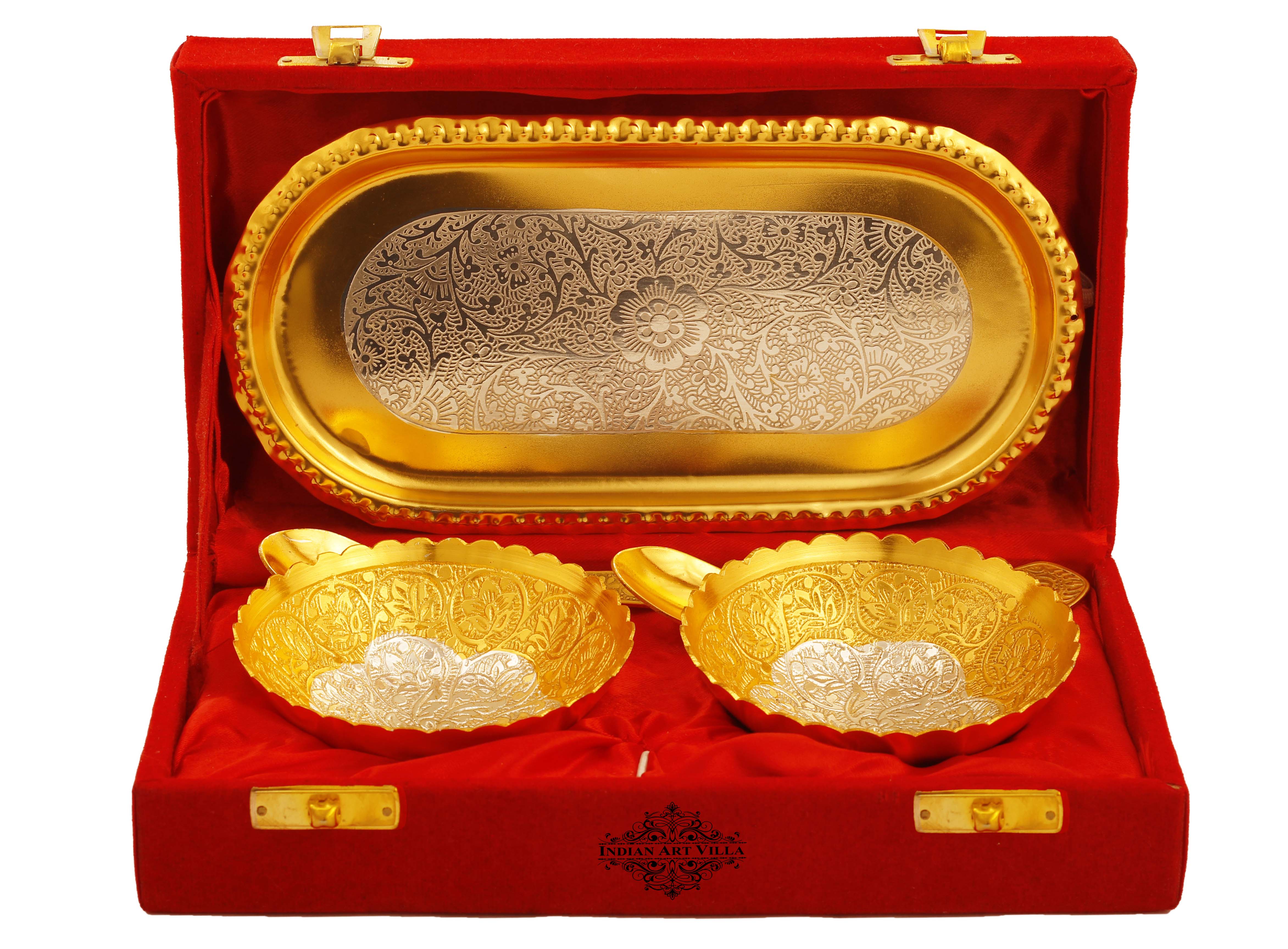 Pure Silver Plated Design Gift Set  2 Bowl with 2 Spoon & 1 Tray,
