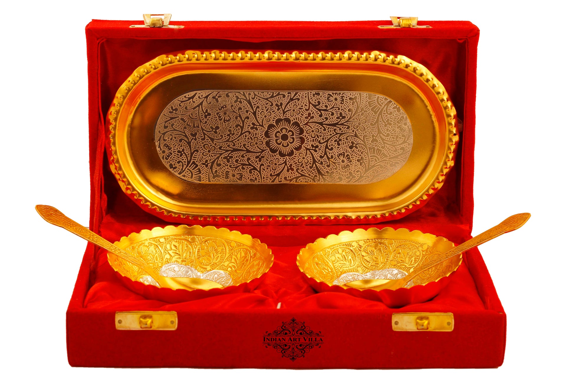 Pure Silver Plated Design Gift Set  2 Bowl with 2 Spoon & 1 Tray,