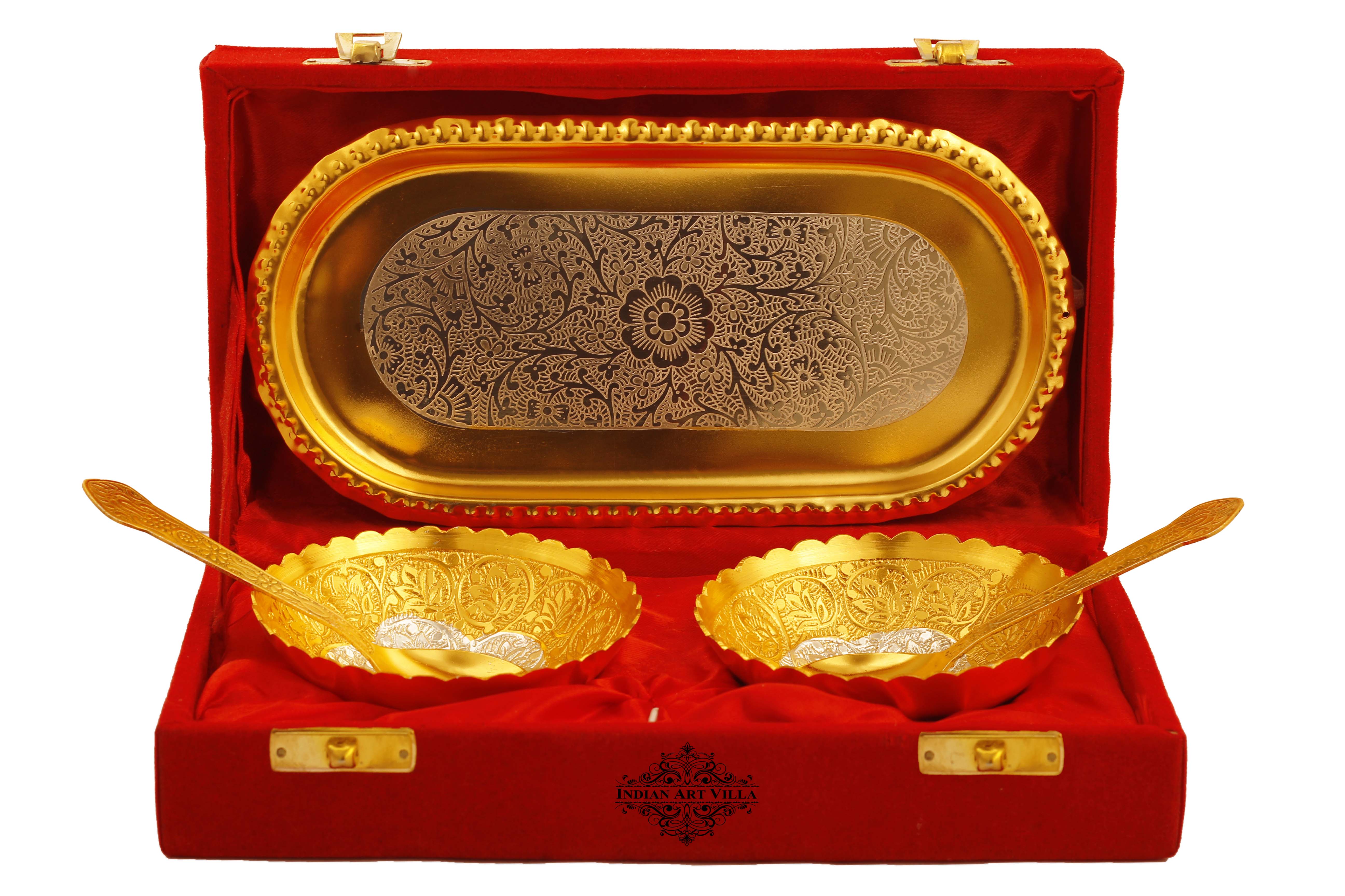 Pure Silver Plated Design Gift Set  2 Bowl with 2 Spoon & 1 Tray,