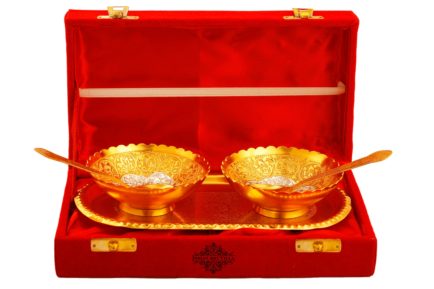 Pure Silver Plated Design Gift Set  2 Bowl with 2 Spoon & 1 Tray,