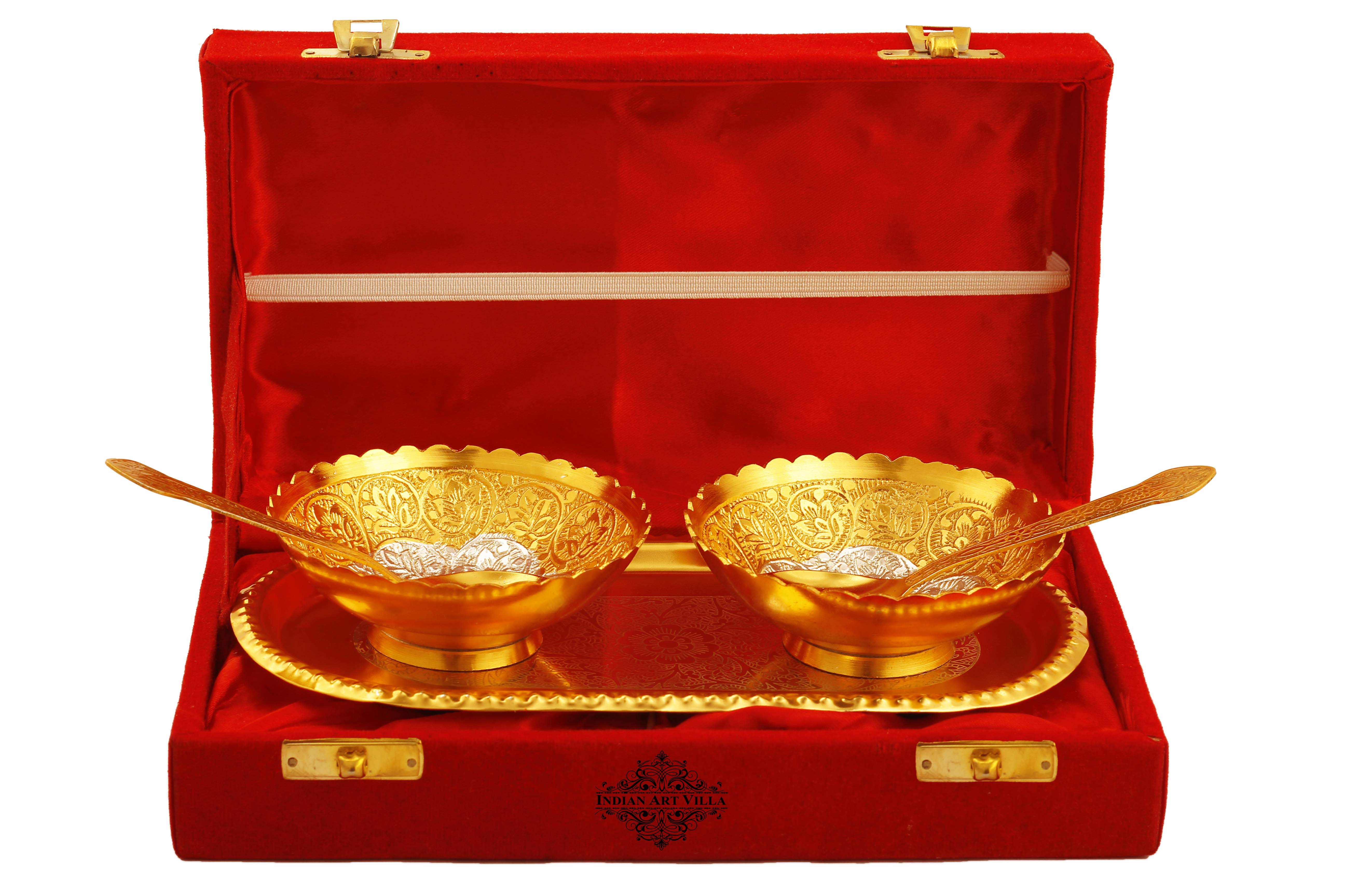 Pure Silver Plated Design Gift Set  2 Bowl with 2 Spoon & 1 Tray,
