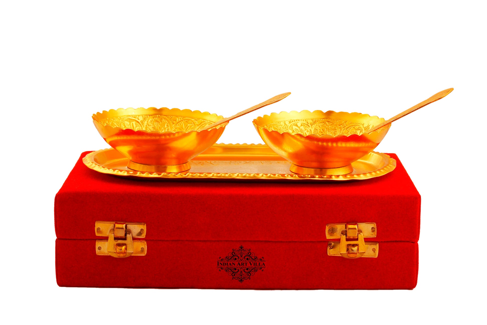 Pure Silver Plated Design Gift Set  2 Bowl with 2 Spoon & 1 Tray,