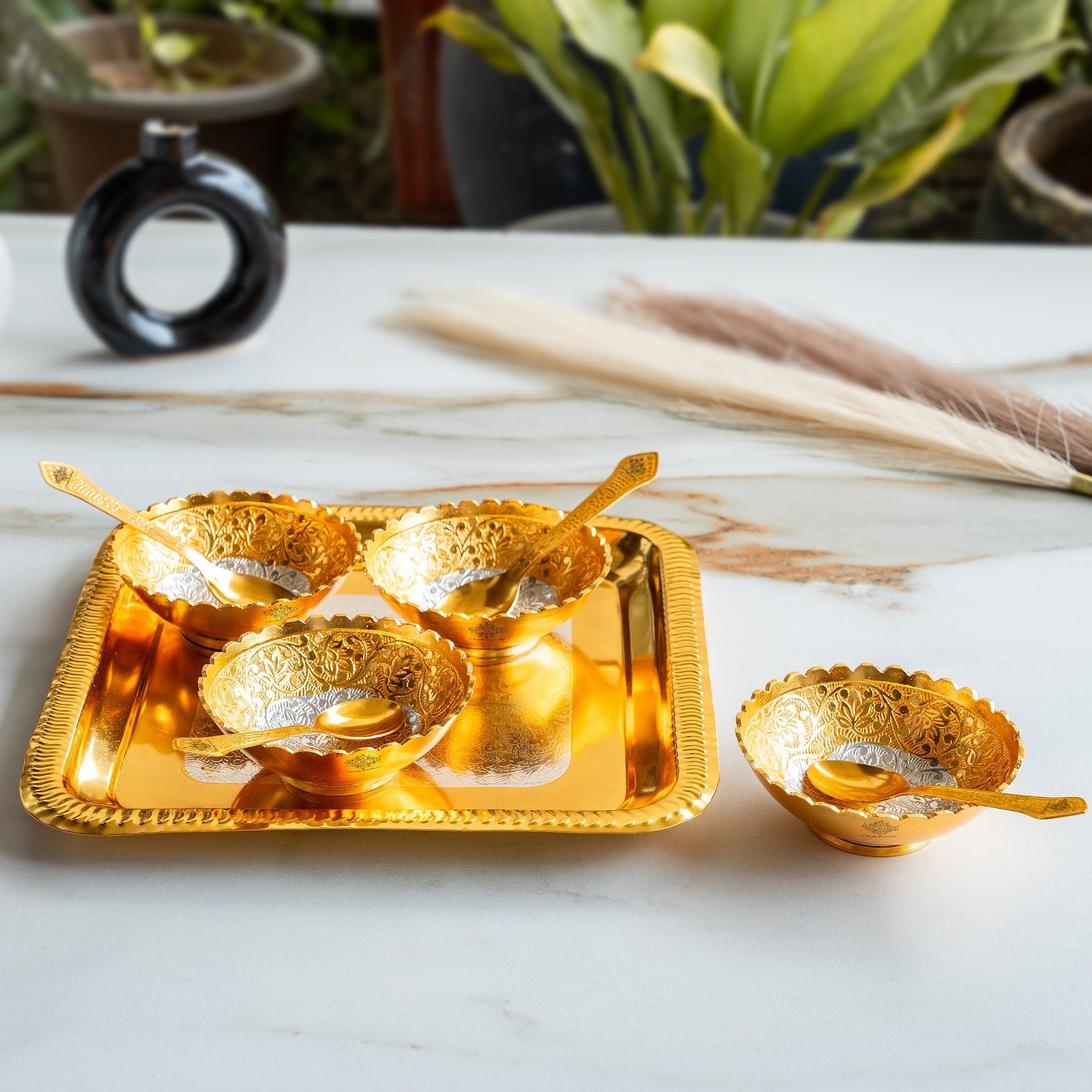 Silver Plated Gold Polished Embossed Flower Design Bowl Set With 4 Spoons & 1 Tray, Service For 4, Festive Gifts