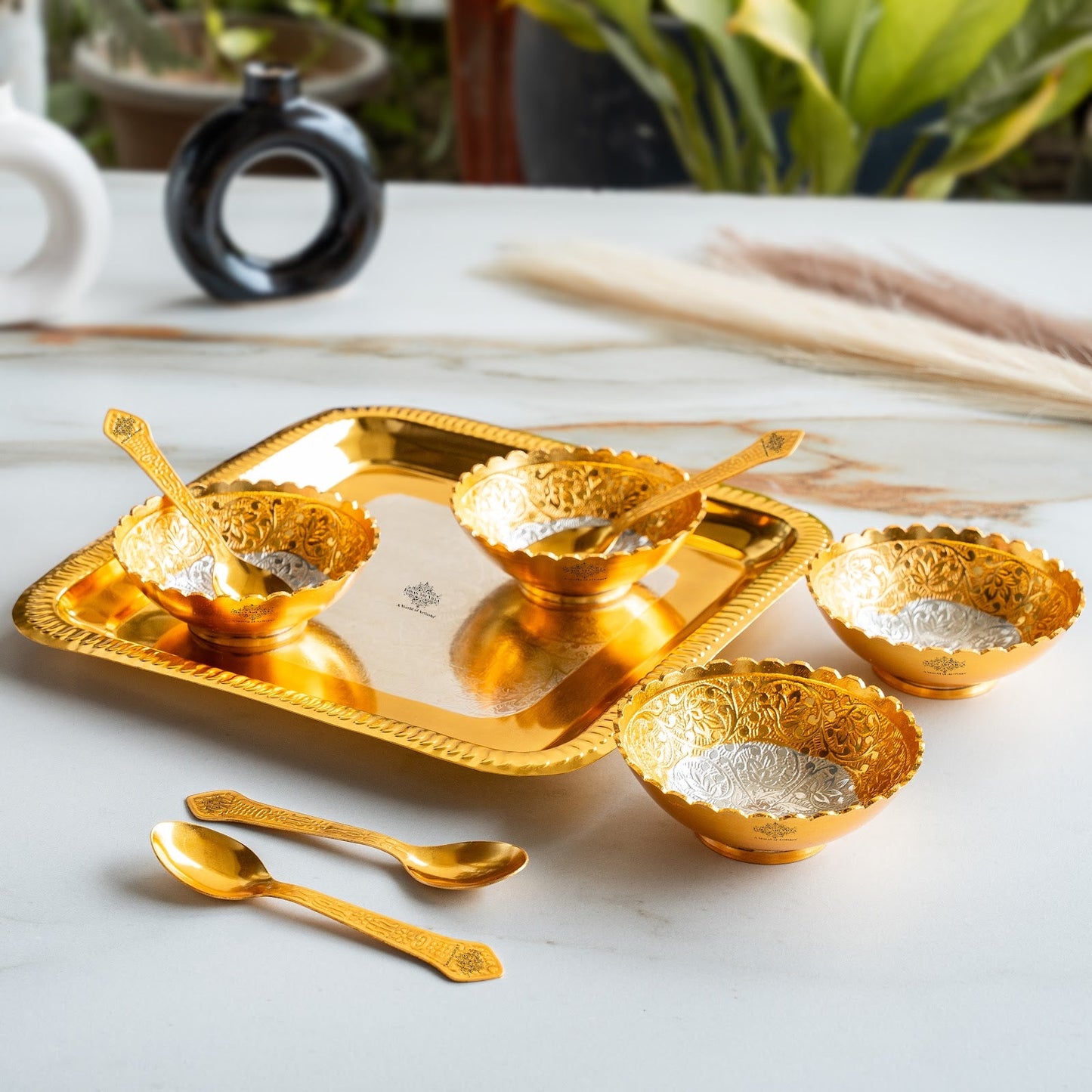 Silver Plated Gold Polished Embossed Flower Design Bowl Set With 4 Spoons & 1 Tray, Service For 4, Festive Gifts