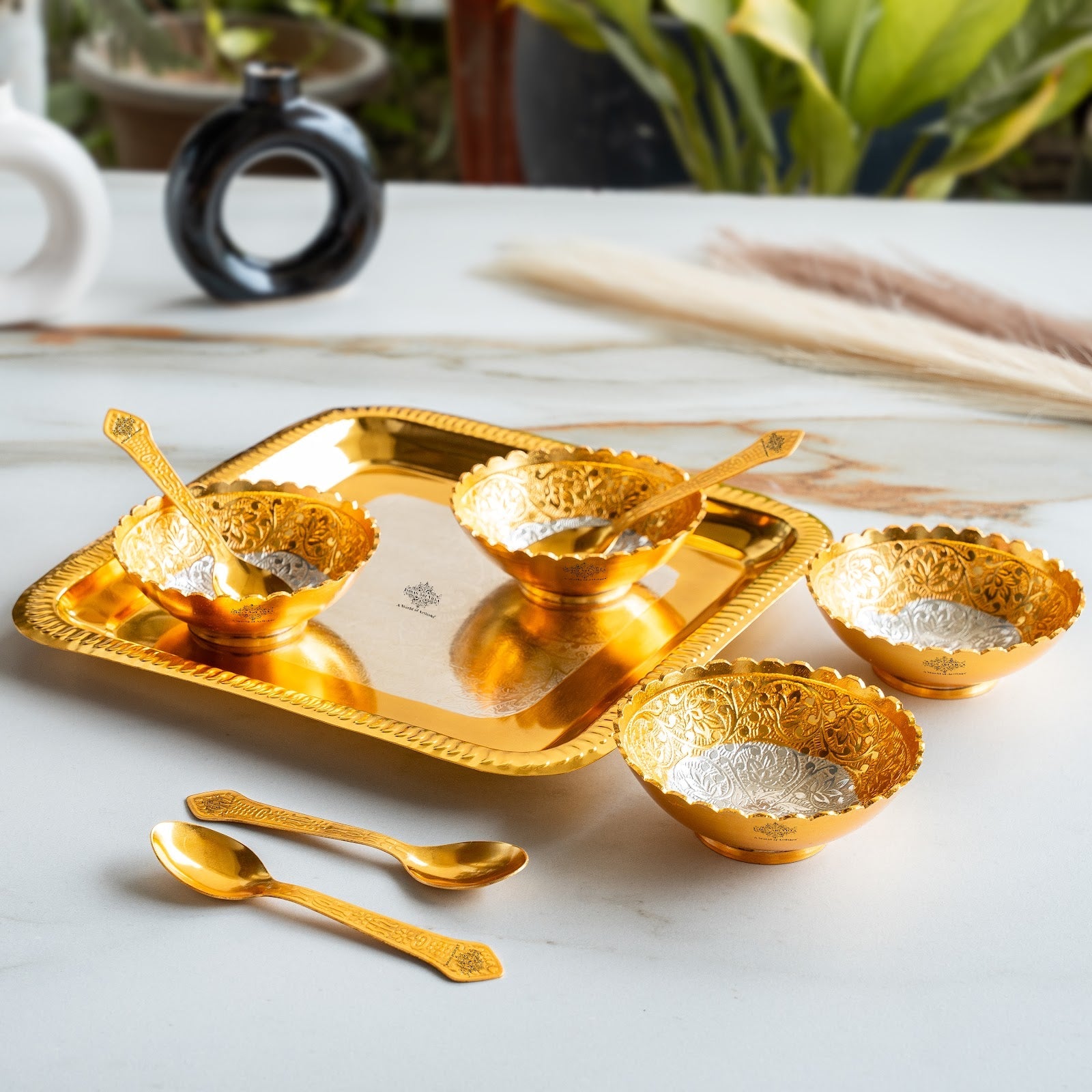 Silver Plated Gold Polished Embossed Flower Design Bowl Set With 4 Spoons & 1 Tray, Service For 4, Festive Gifts