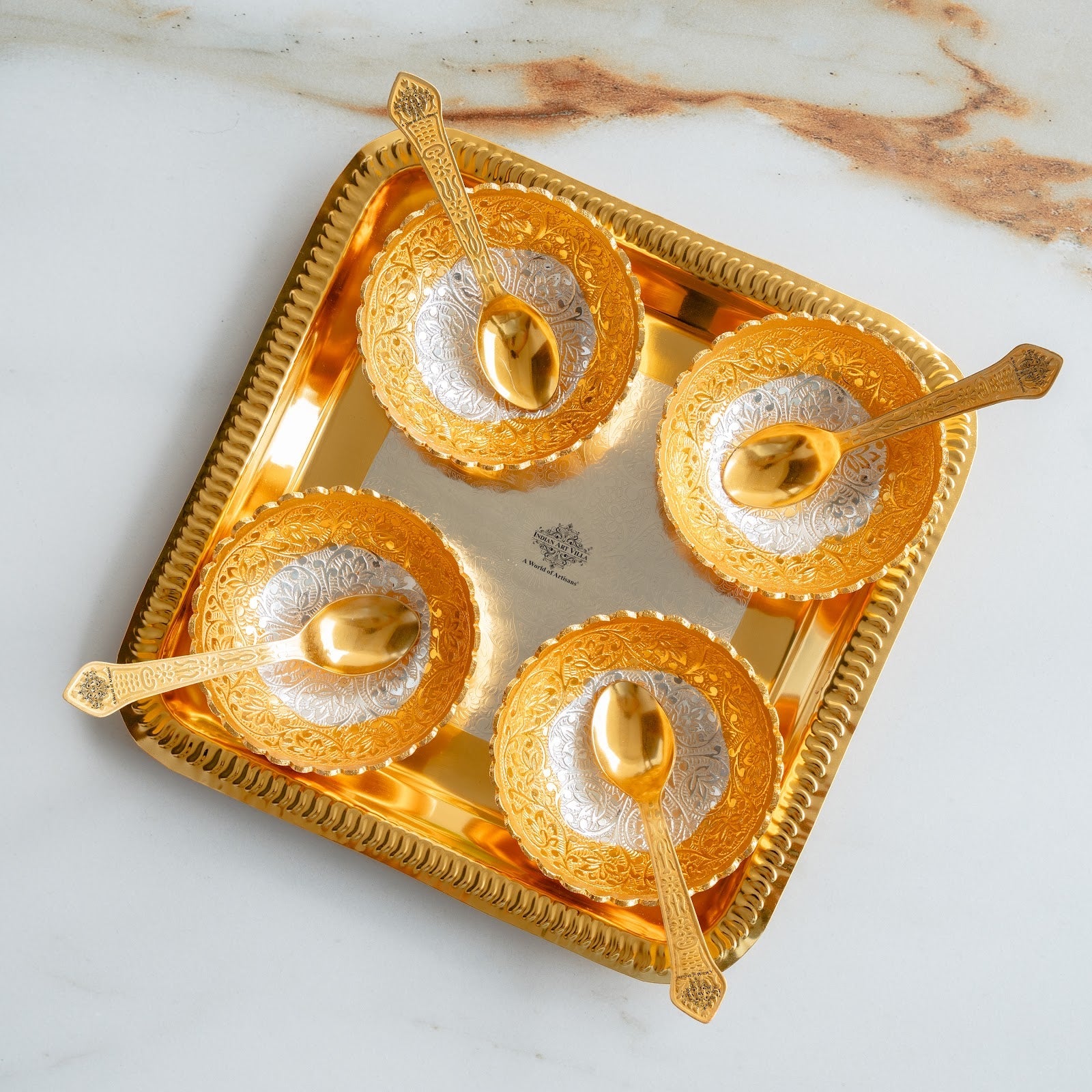 Silver Plated Gold Polished Embossed Flower Design Bowl Set With 4 Spoons & 1 Tray, Service For 4, Festive Gifts