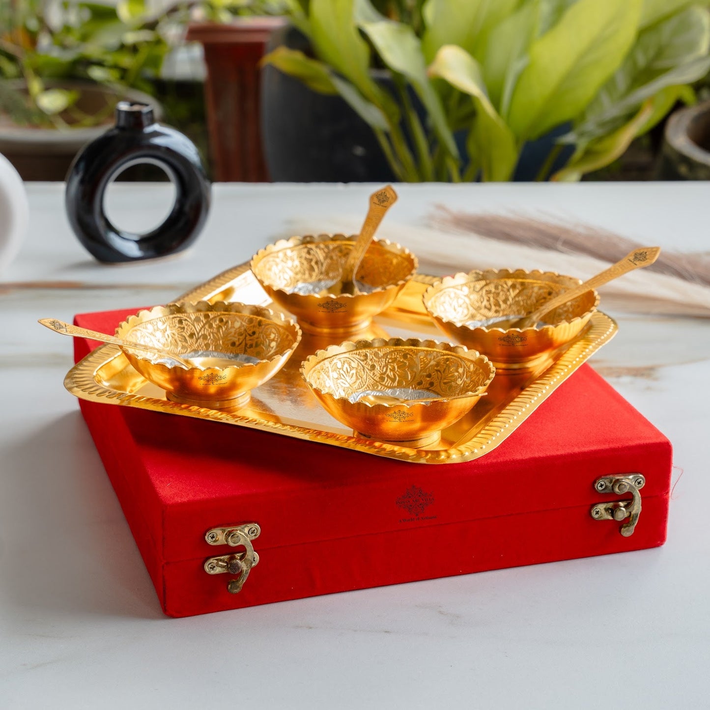 Silver Plated Gold Polished Embossed Flower Design Bowl Set With 4 Spoons & 1 Tray, Service For 4, Festive Gifts