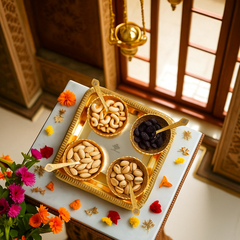 Silver Plated Gold Polished Embossed Flower Design Bowl Set With 4 Spoons & 1 Tray, Service For 4, Festive Gifts