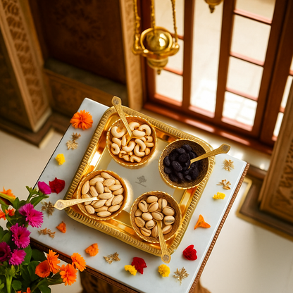 Silver Plated Gold Polished Embossed Flower Design Bowl Set With 4 Spoons & 1 Tray, Service For 4, Festive Gifts