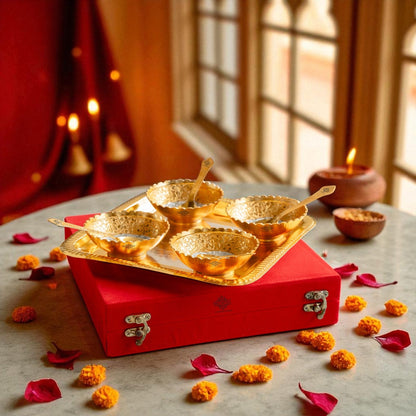 Silver Plated Gold Polished Embossed Flower Design Bowl Set With 4 Spoons & 1 Tray, Service For 4, Festive Gifts